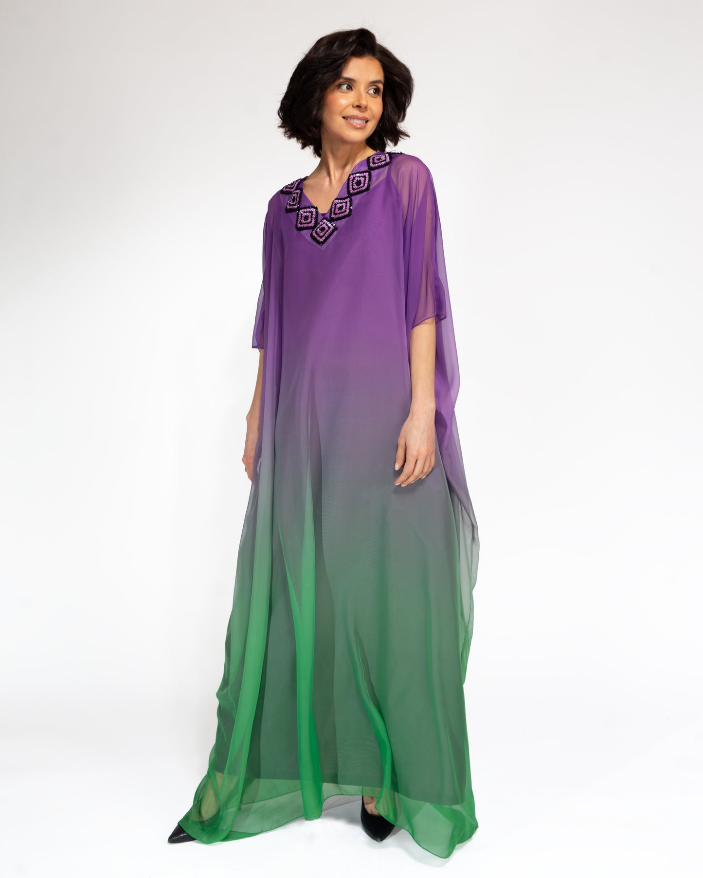 NOBLESSE - Silk Chiffon Batwing Kaftan with Handmade Crochet