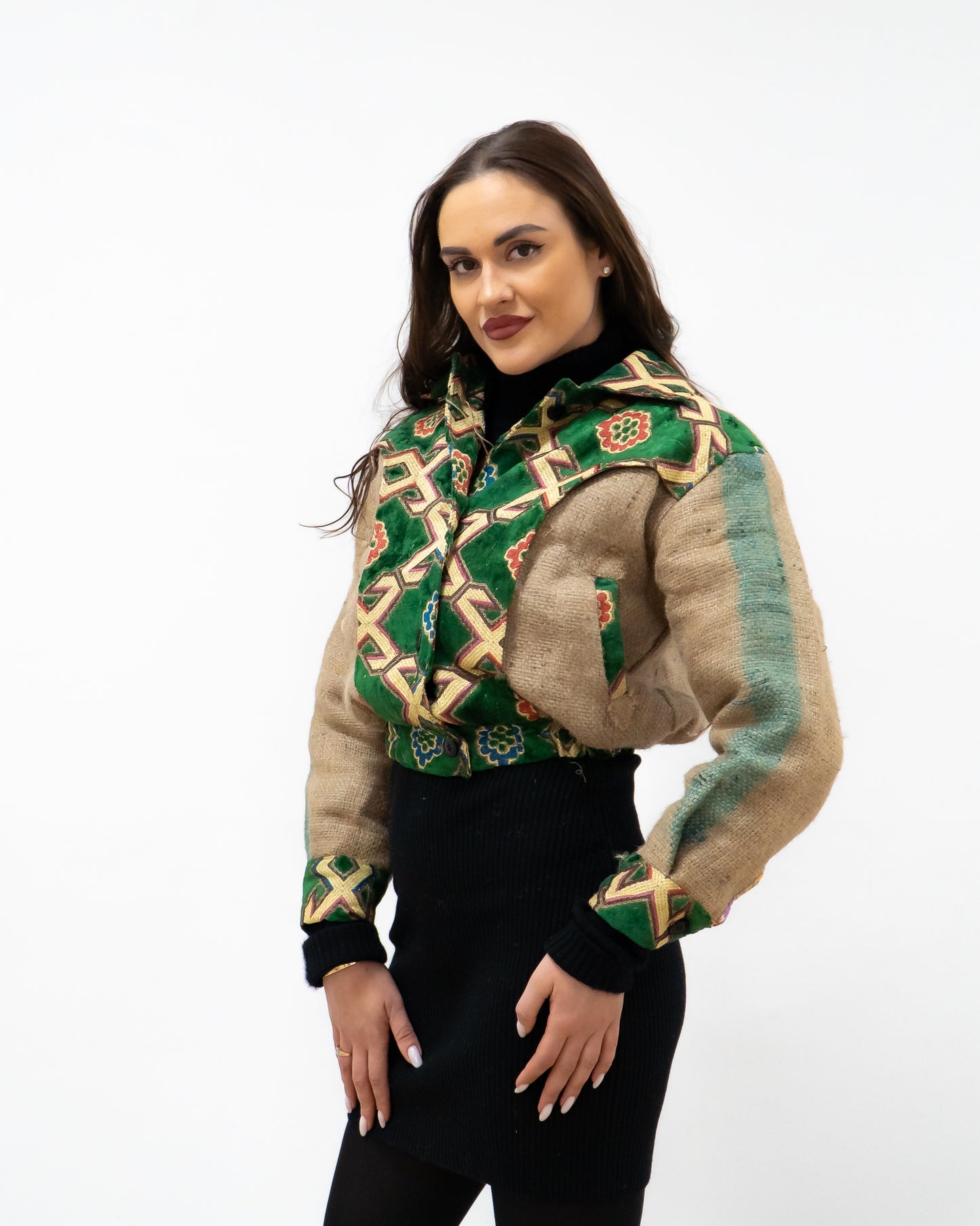 ANOURI - Green & Gold Crop Burlap Jacket