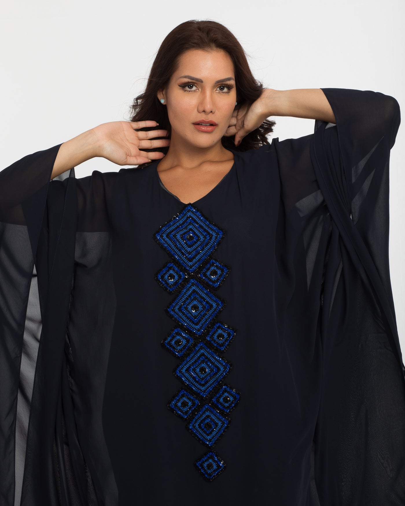 NOBLESSE - Silk Chiffon Batwing Kaftan with Handmade Crochet