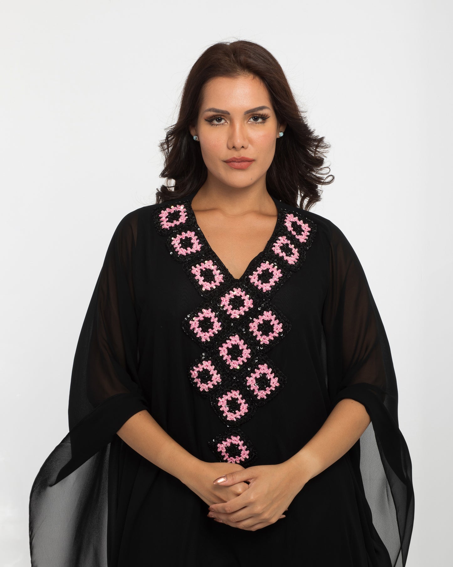 NOBLESSE - Silk Chiffon Batwing Kaftan with Handmade Crochet