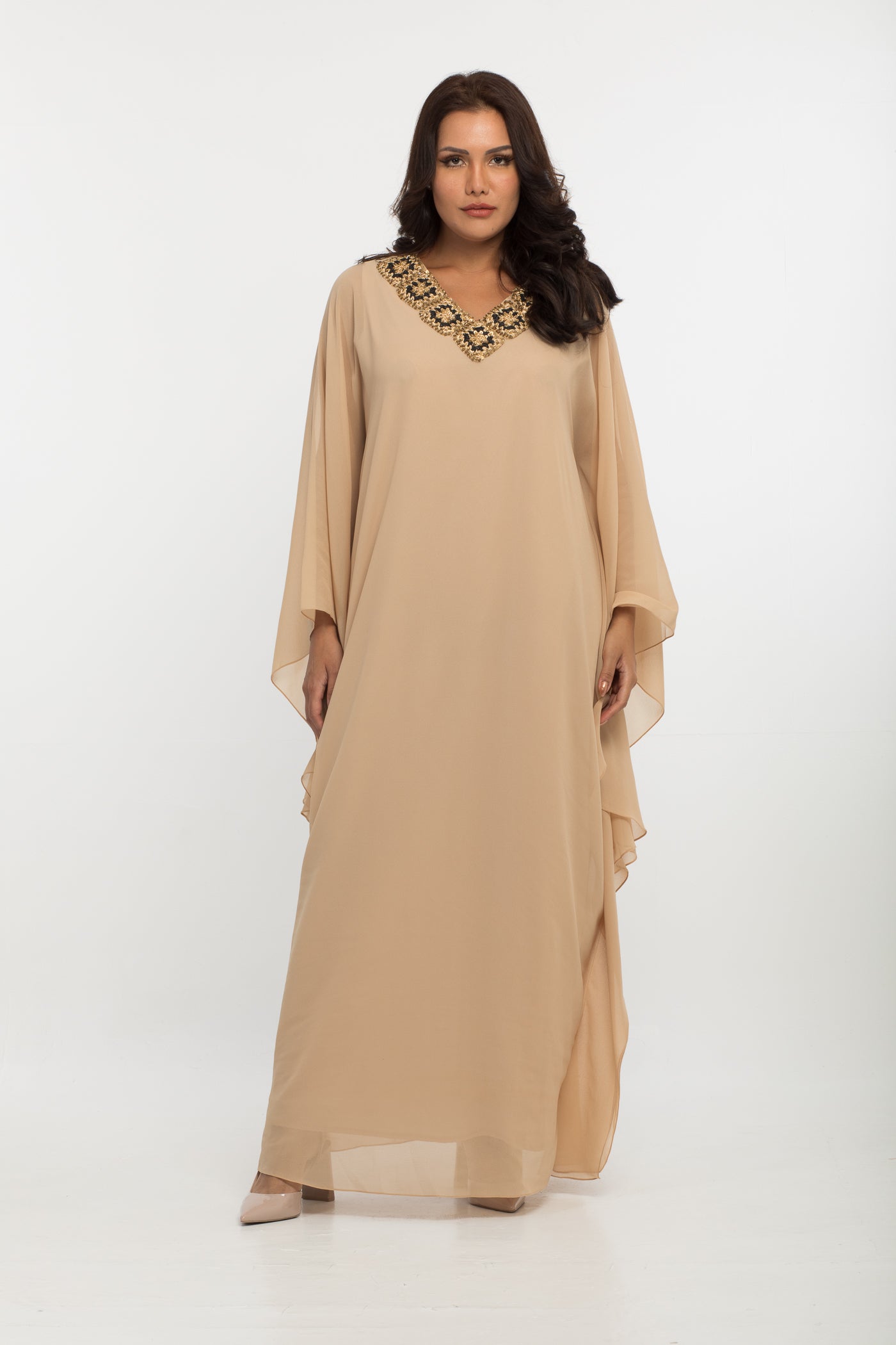 NOBLESSE - Silk Chiffon Batwing Kaftan with Handmade Crochet