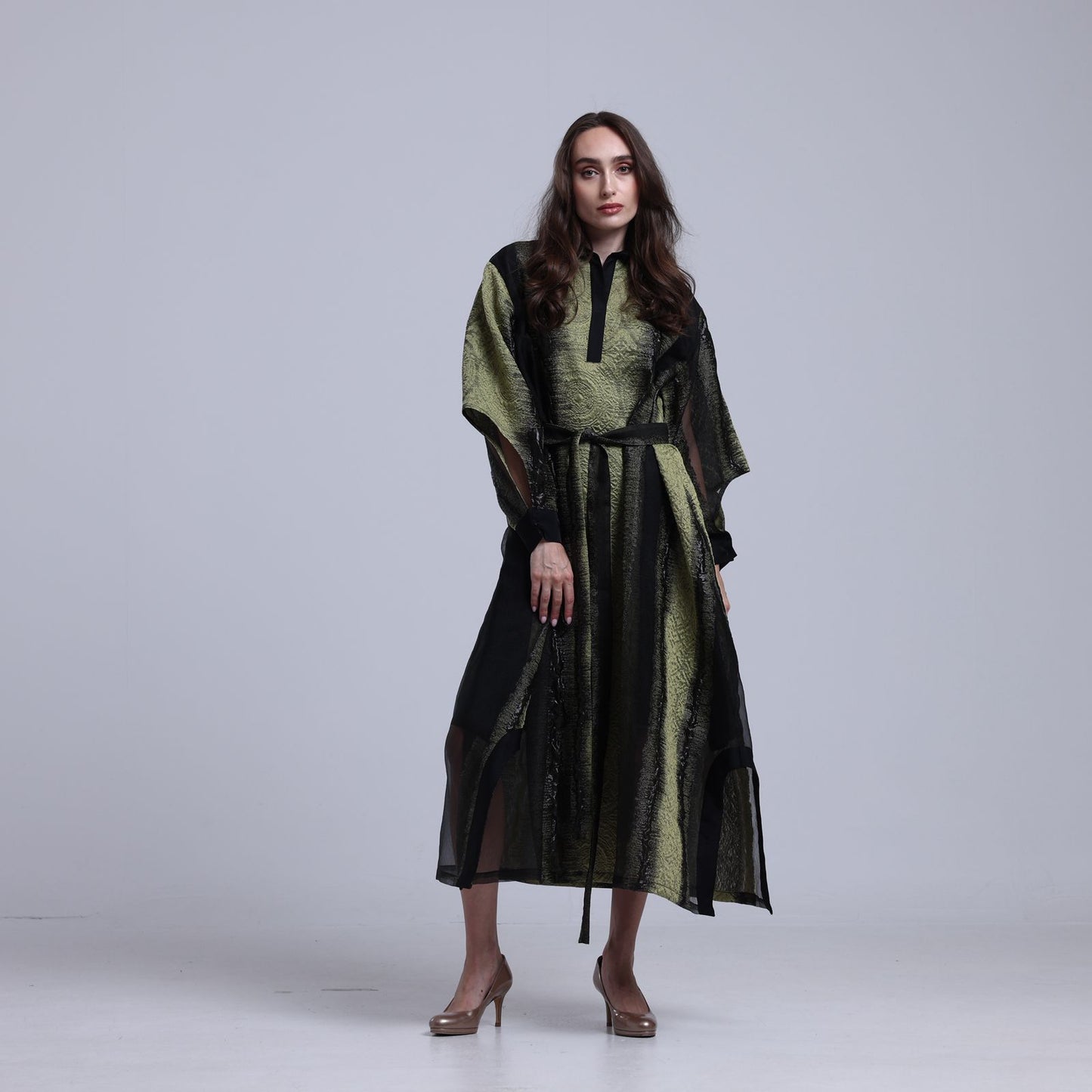 LA REINE - Black & Olive Embossed Organza Midi Dress