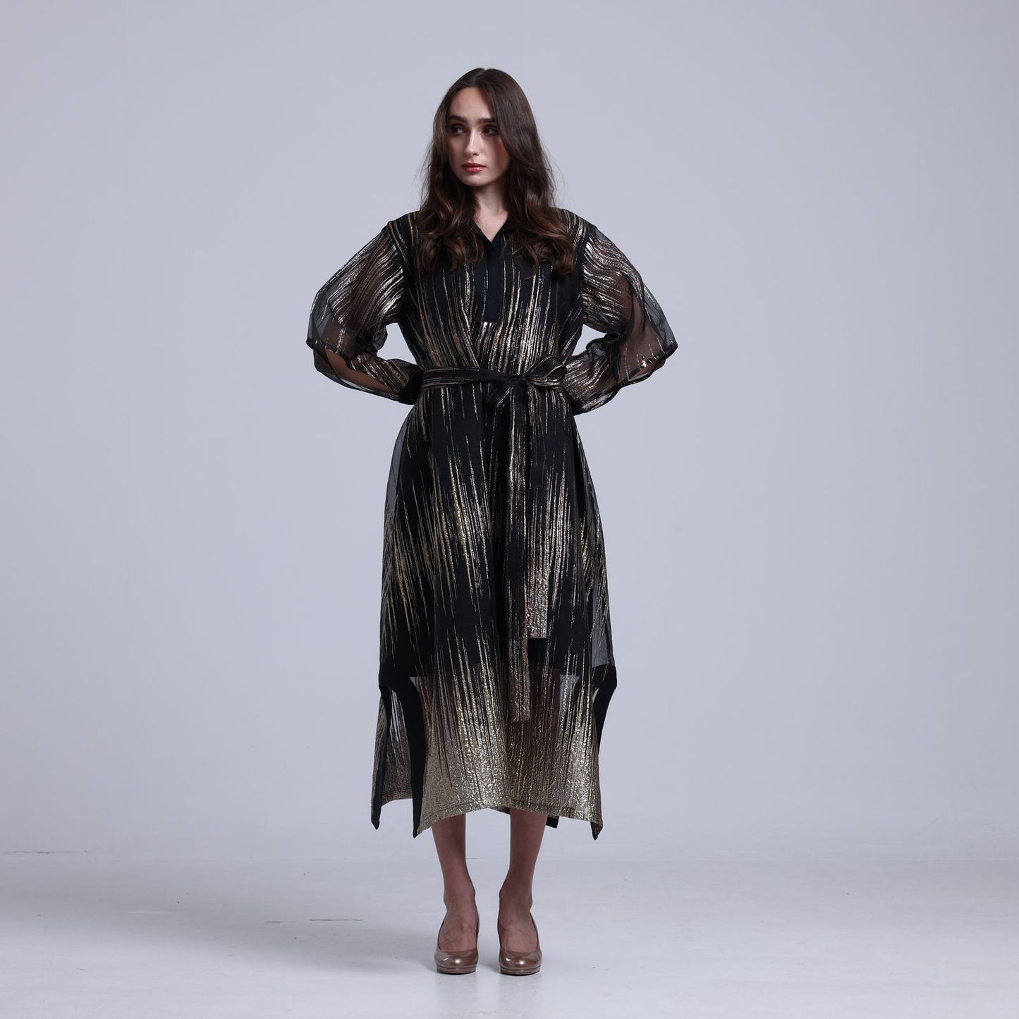 LA REINE - Black Midi Dress in Metallic Lamé Organza