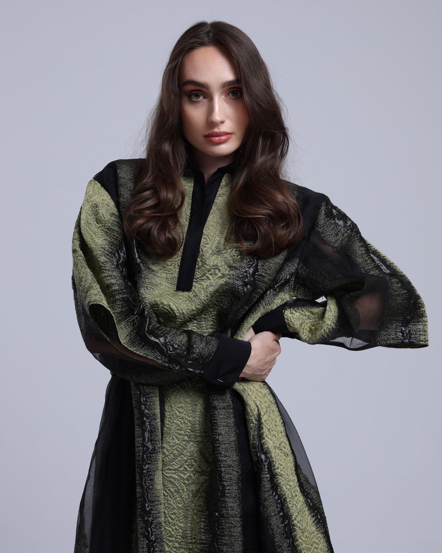 LA REINE - Black & Olive Embossed Organza Midi Dress