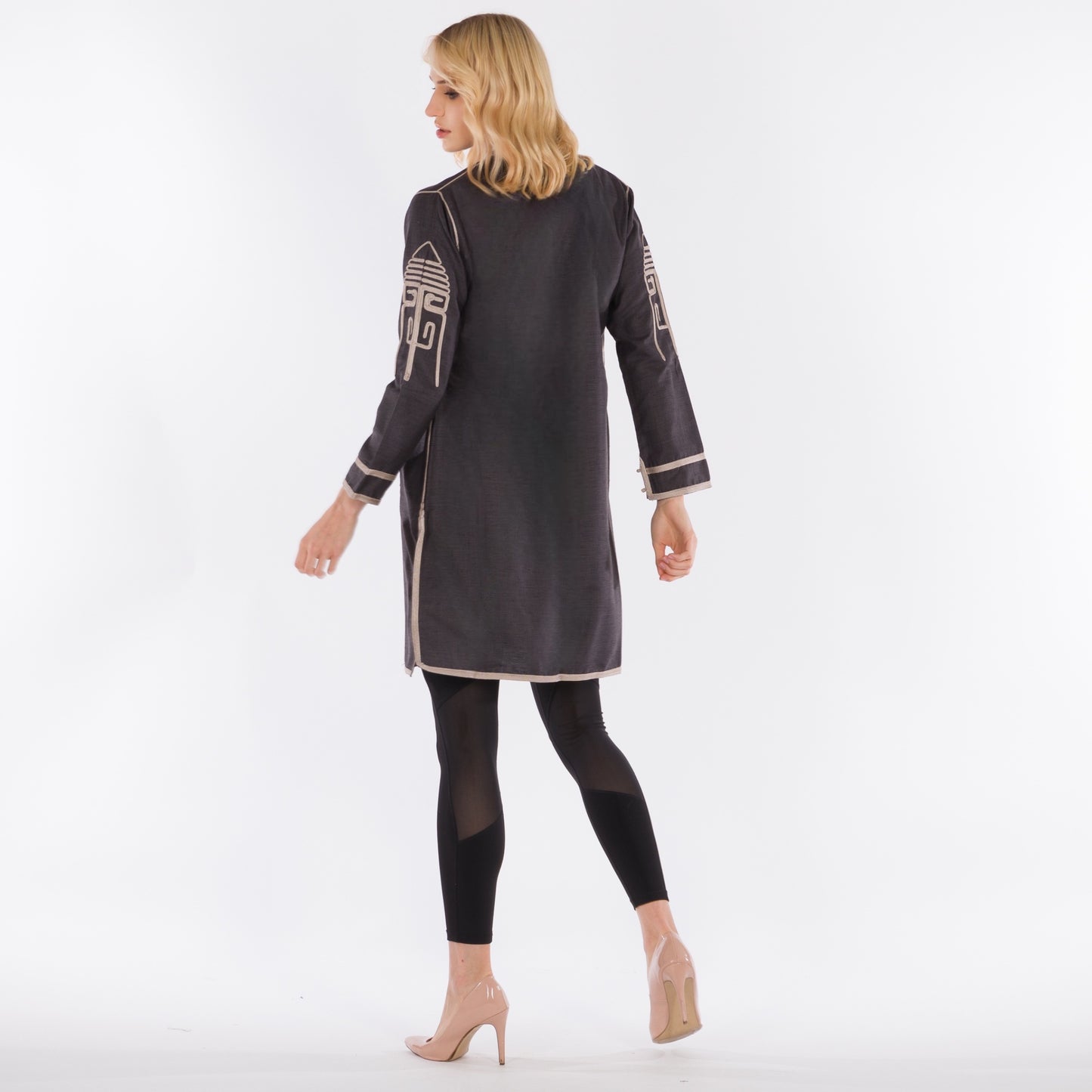 YARAKECH - Grey Long-Line Jacket with Moroccan Sfifa Embroidery