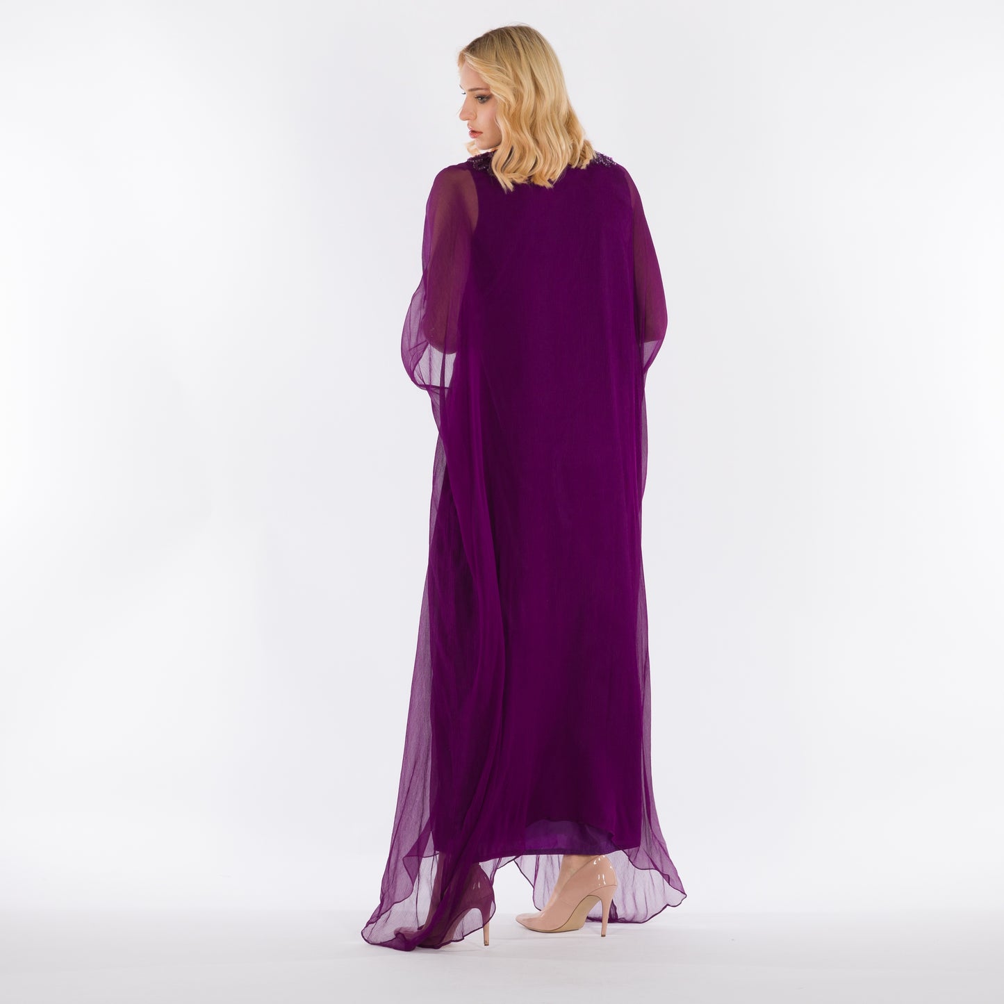 NOBLESSE - Silk Chiffon Batwing Kaftan with Handmade Crochet