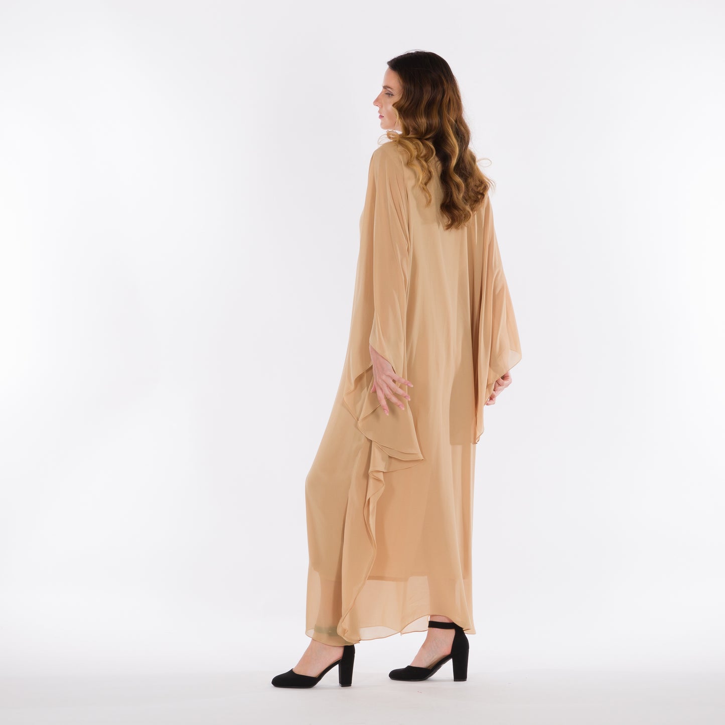 NOBLESSE - Silk Chiffon Batwing Kaftan with Handmade Crochet