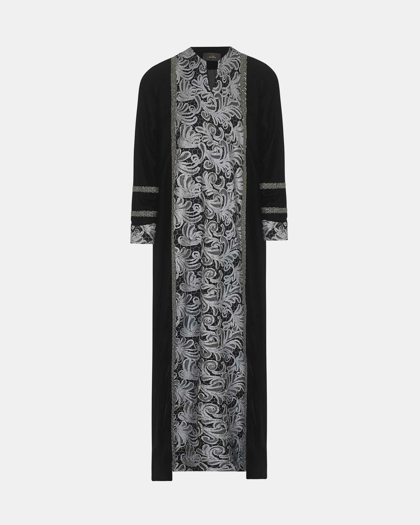 NOBLESSE - Silk Velvet Kaftan with Lace Front and Beaded Trim