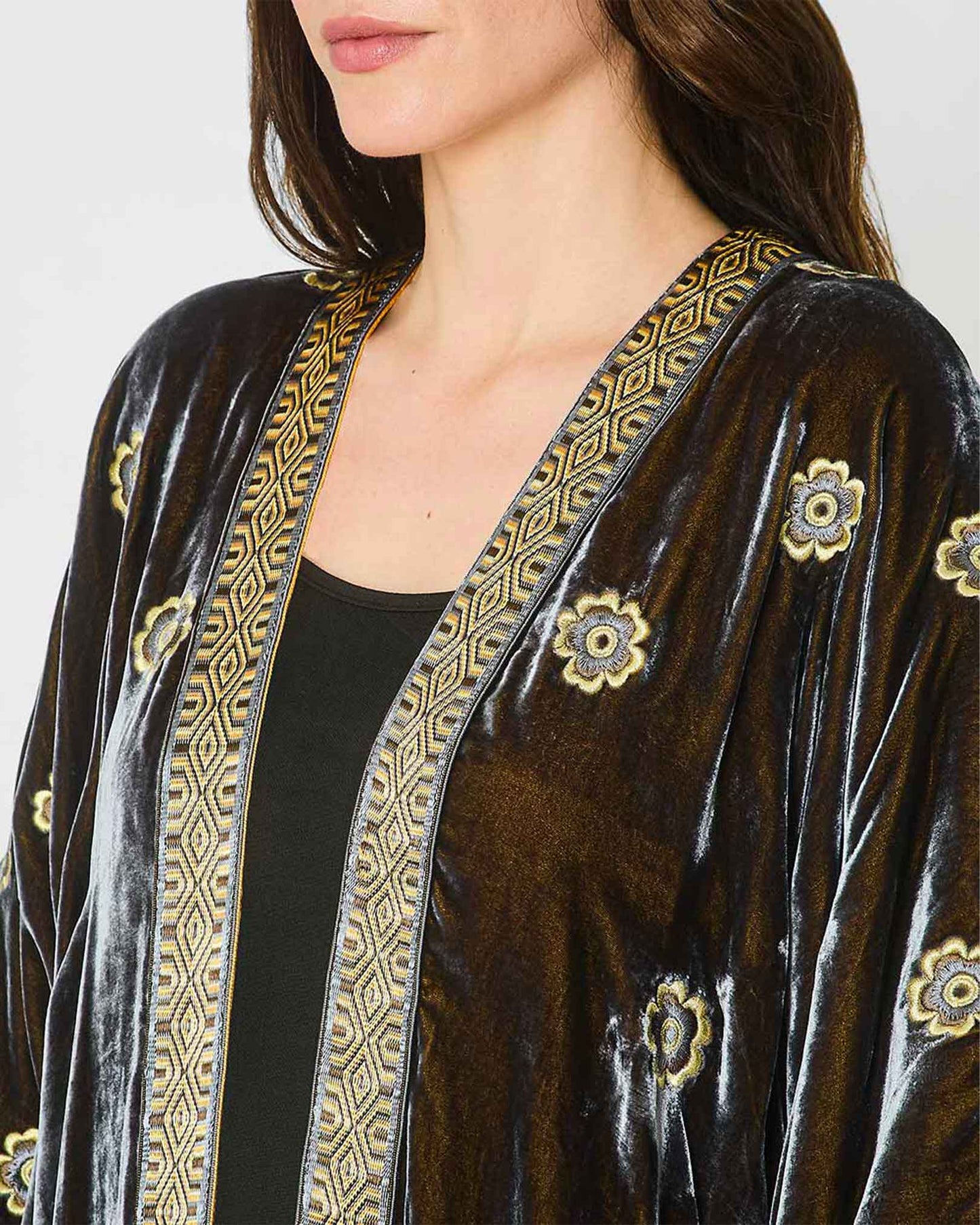 Grey Velvet Abaya with Floral Embroidery Close-Up