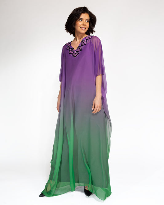 NOBLESSE - Silk Chiffon Batwing Kaftan with Handmade Crochet