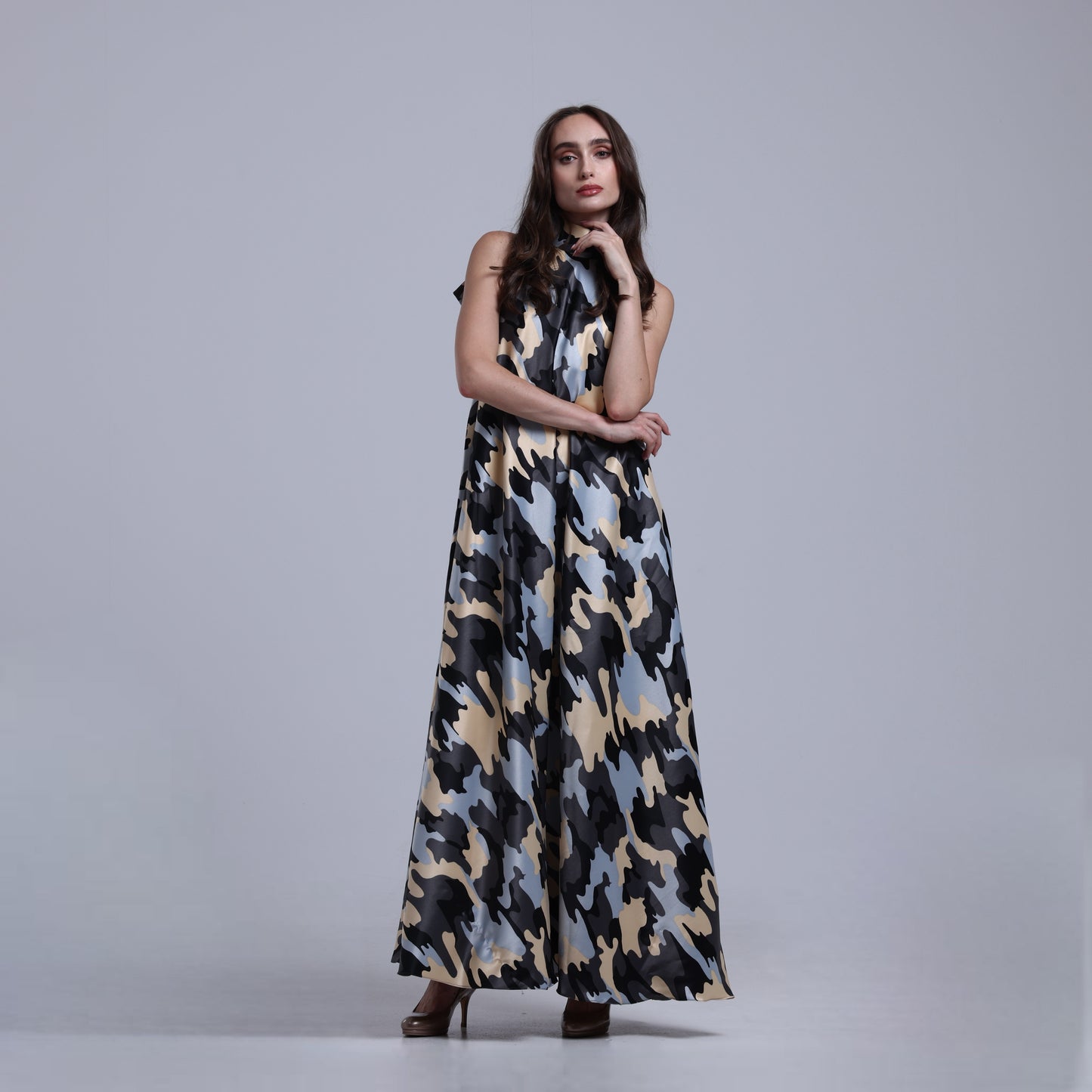 LA REINE - Camouflage Satin Halterneck Maxi Dress