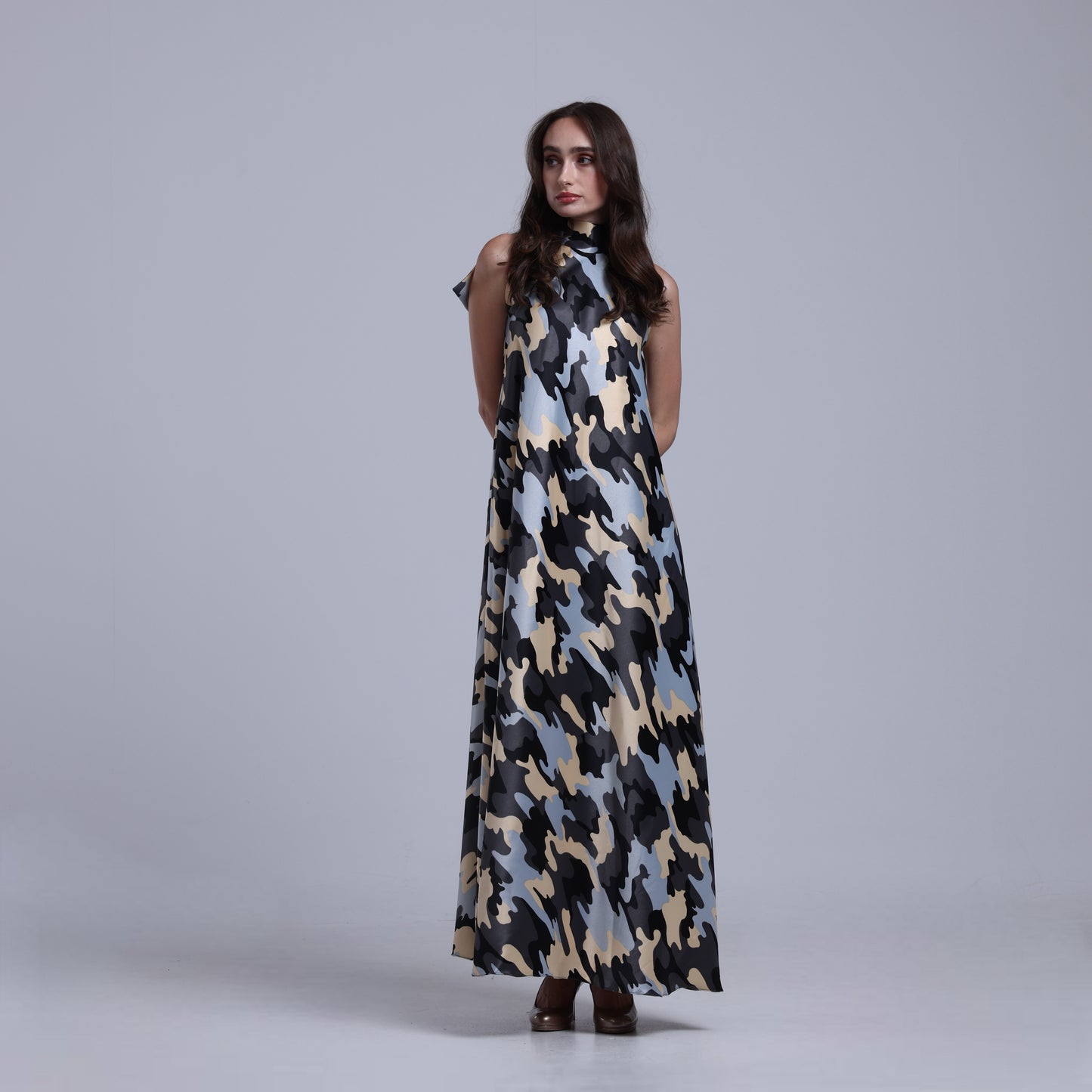 LA REINE - Camouflage Satin Halterneck Maxi Dress