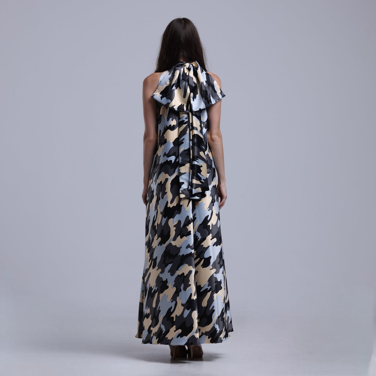 LA REINE - Camouflage Satin Halterneck Maxi Dress