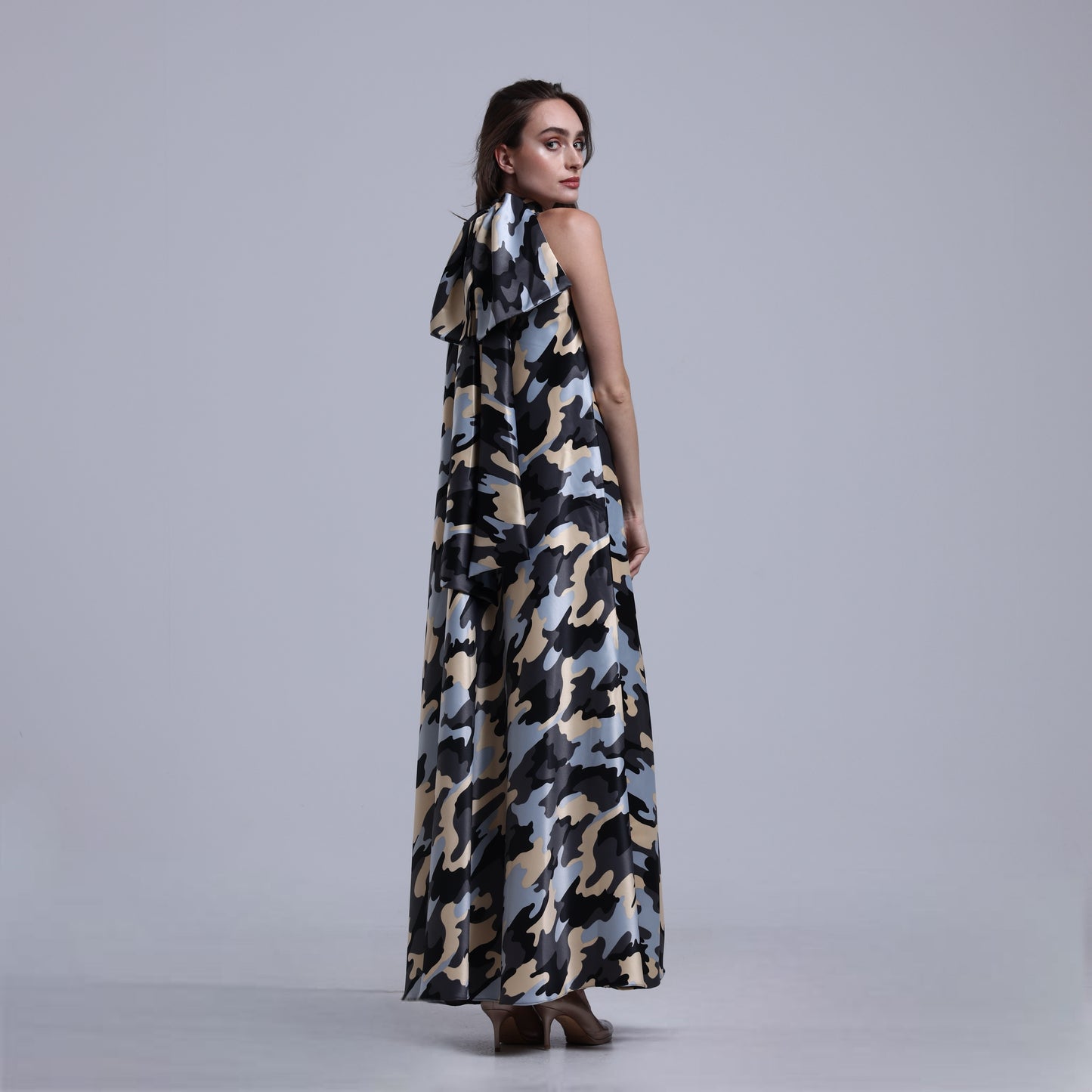 LA REINE - Camouflage Satin Halterneck Maxi Dress