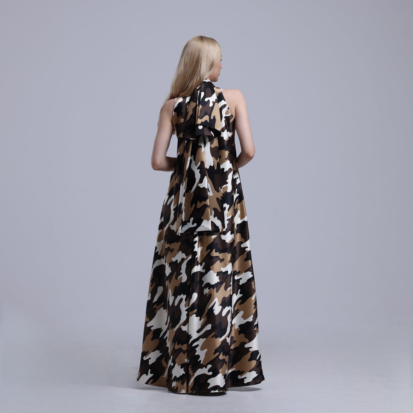 LA REINE - Camouflage Satin halterneck Maxi Dress