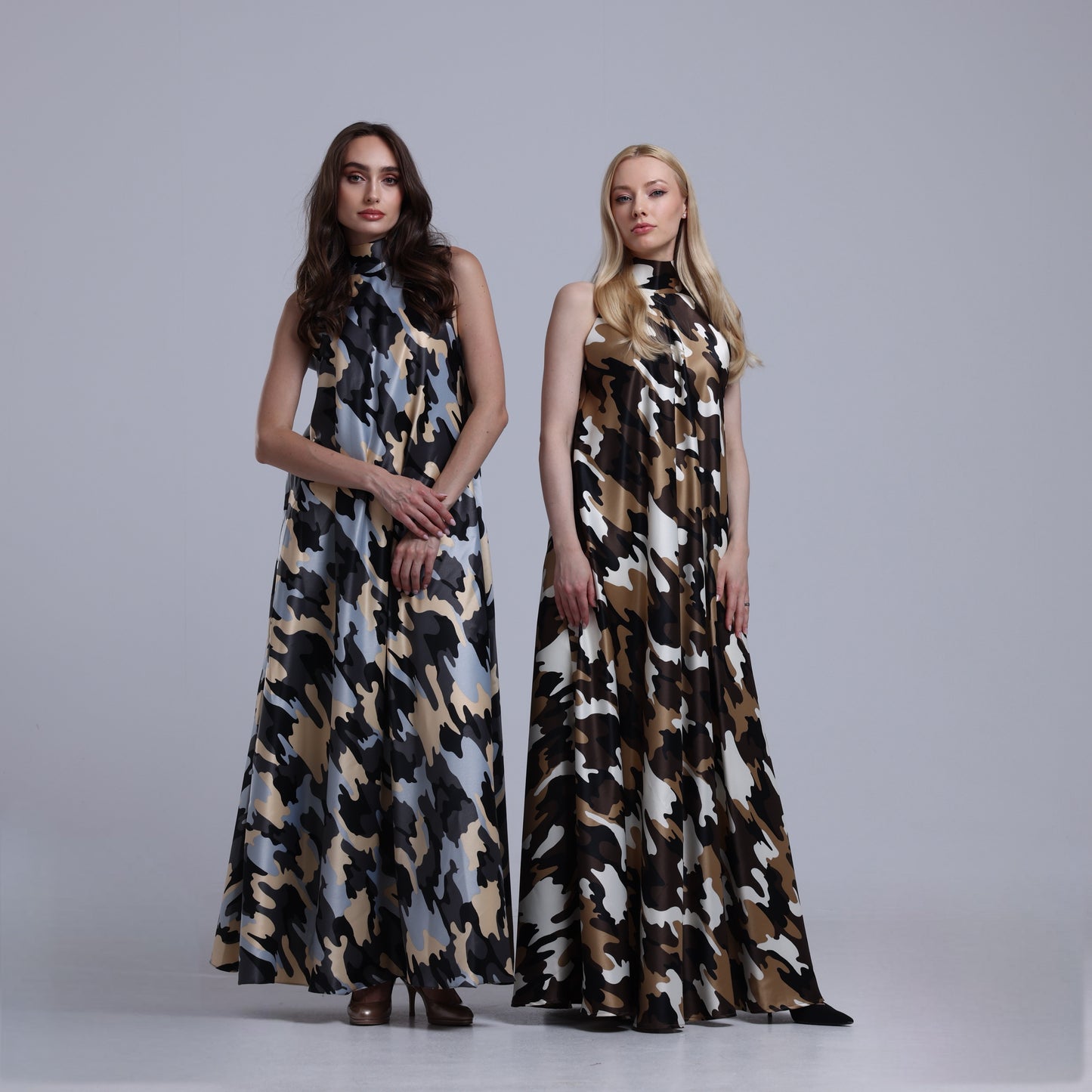 LA REINE - Camouflage Satin Halterneck Maxi Dress