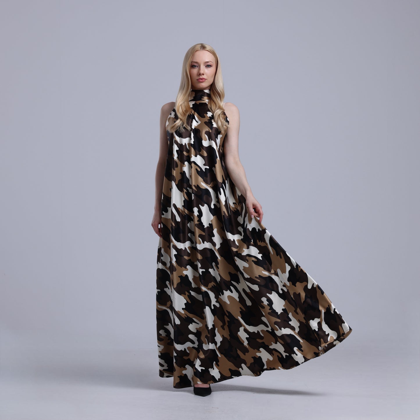 LA REINE - Camouflage Satin halterneck Maxi Dress