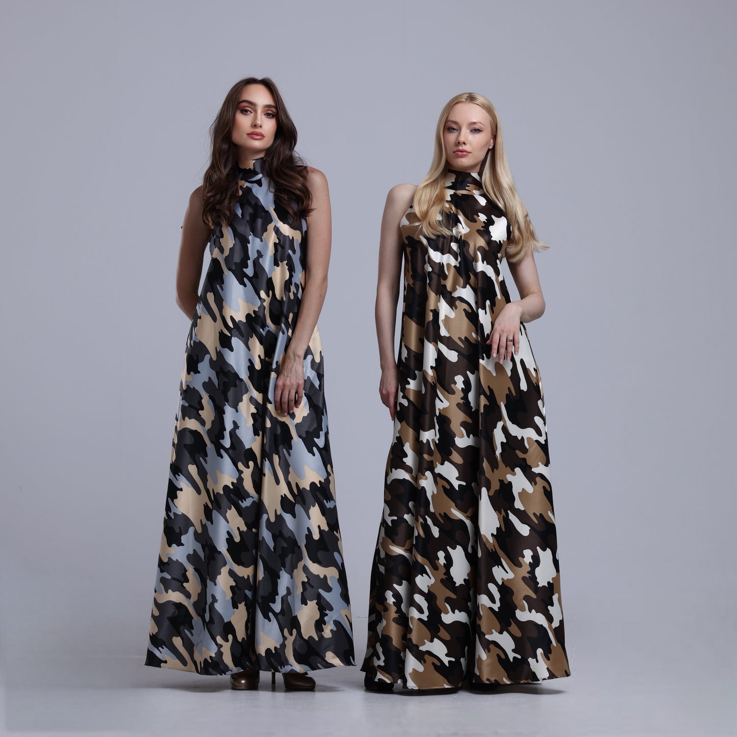LA REINE - Camouflage Satin halterneck Maxi Dress