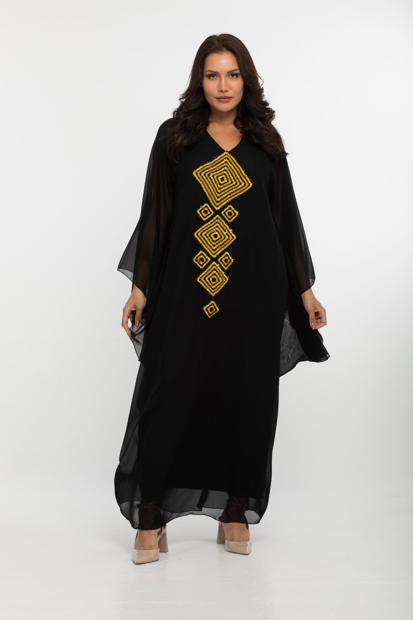 NOBLESSE - Silk Chiffon Batwing Kaftan with Handmade Crochet