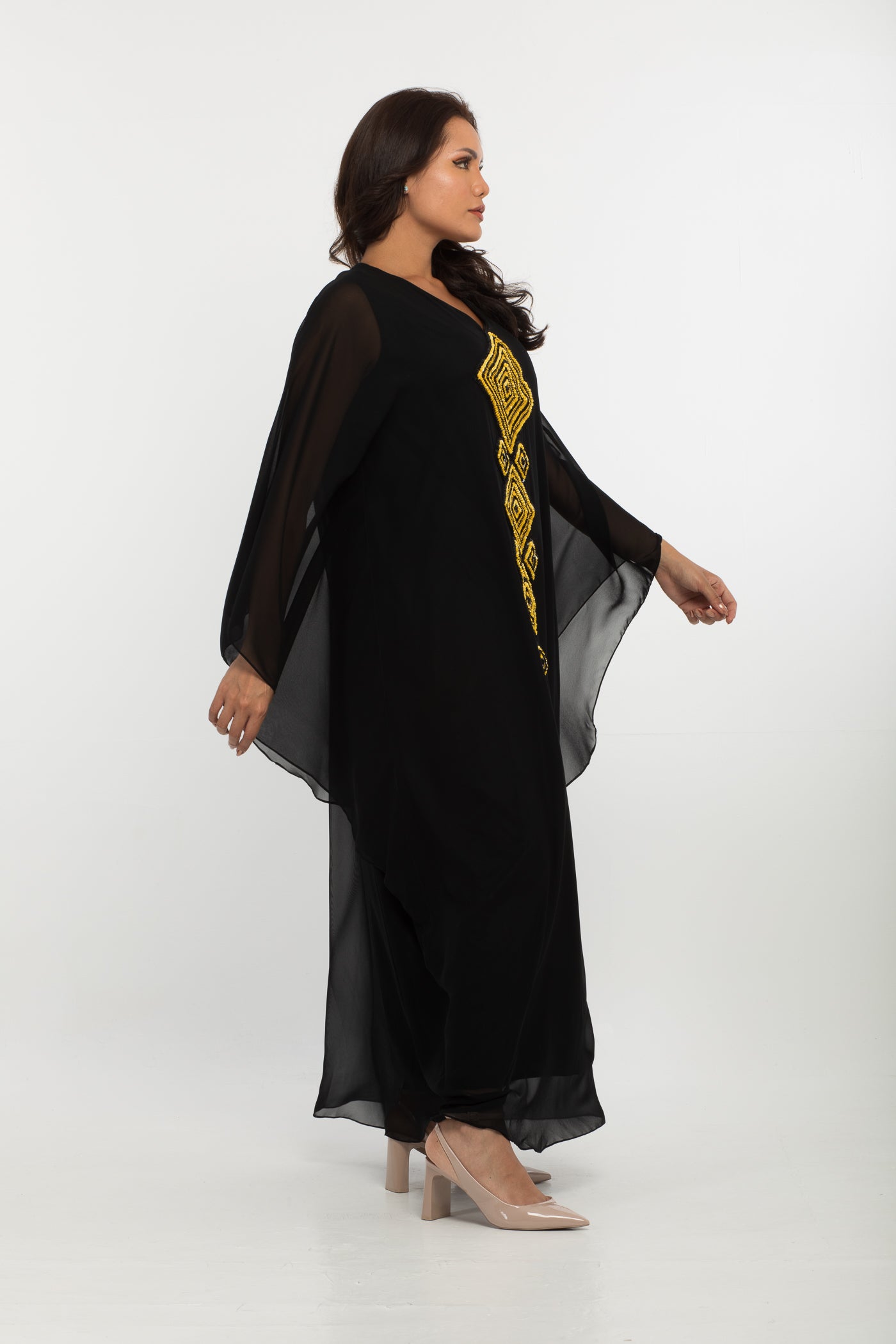 NOBLESSE - Silk Chiffon Batwing Kaftan with Handmade Crochet