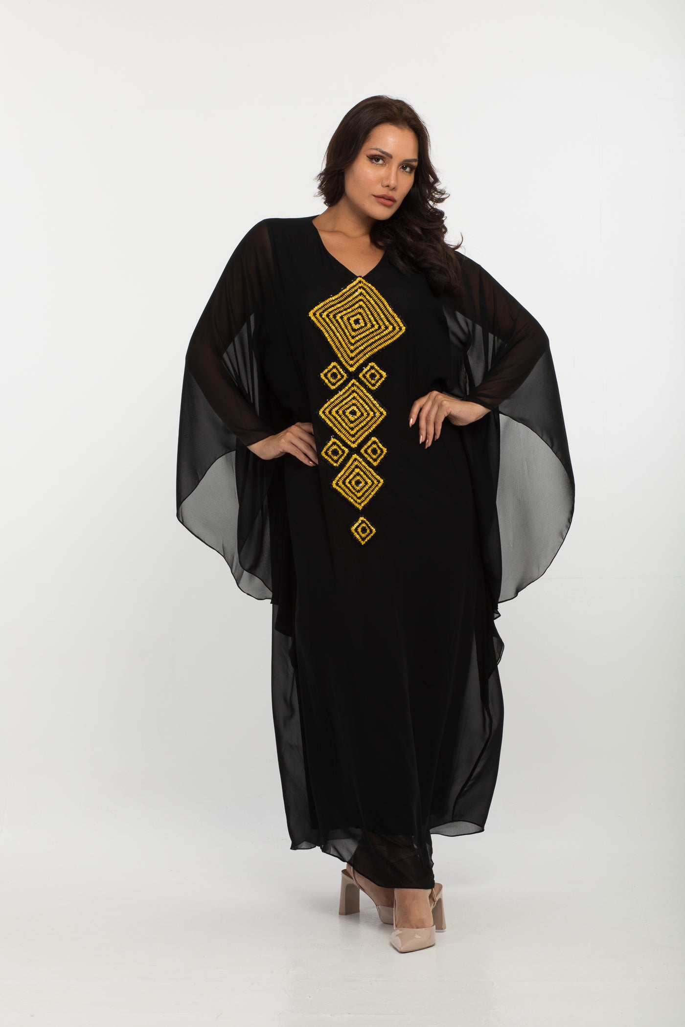NOBLESSE - Silk Chiffon Batwing Kaftan with Handmade Crochet