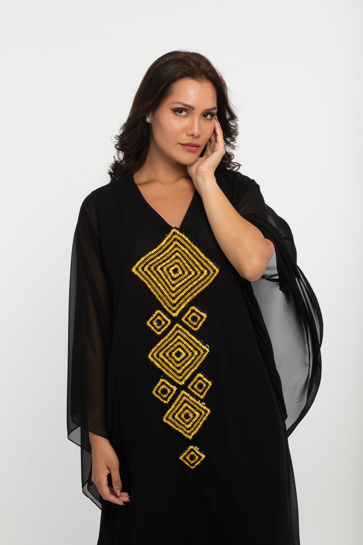 NOBLESSE - Silk Chiffon Batwing Kaftan with Handmade Crochet