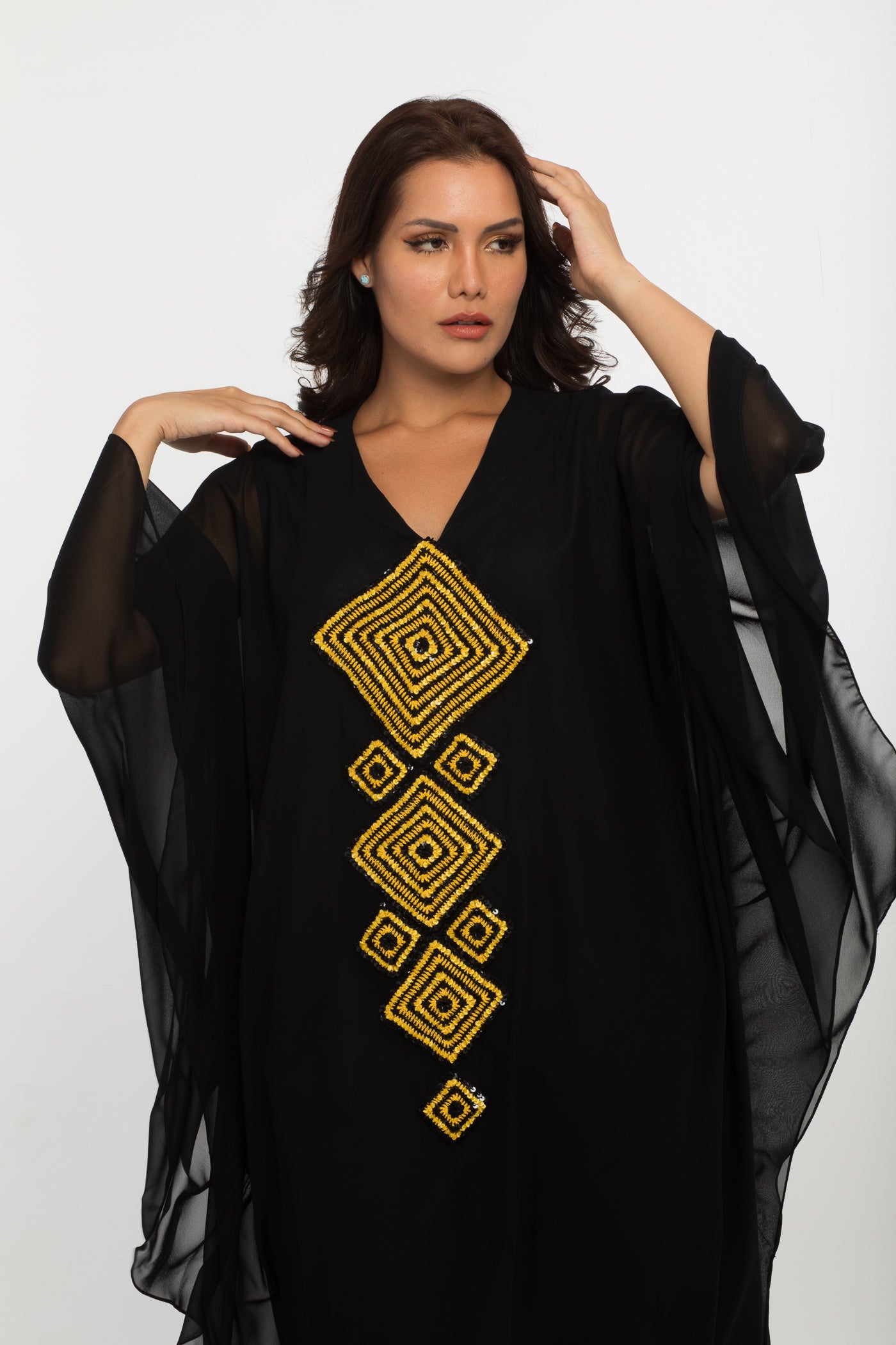NOBLESSE - Silk Chiffon Batwing Kaftan with Handmade Crochet