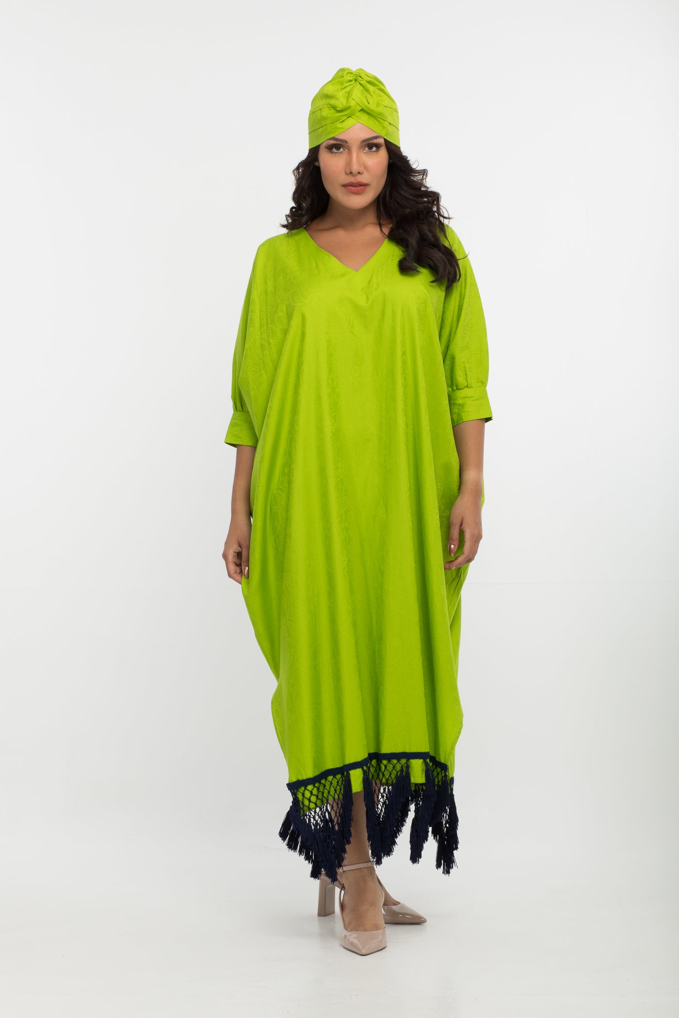 YARAKECH - Lime Green Batwing Kaftan & Turban Set