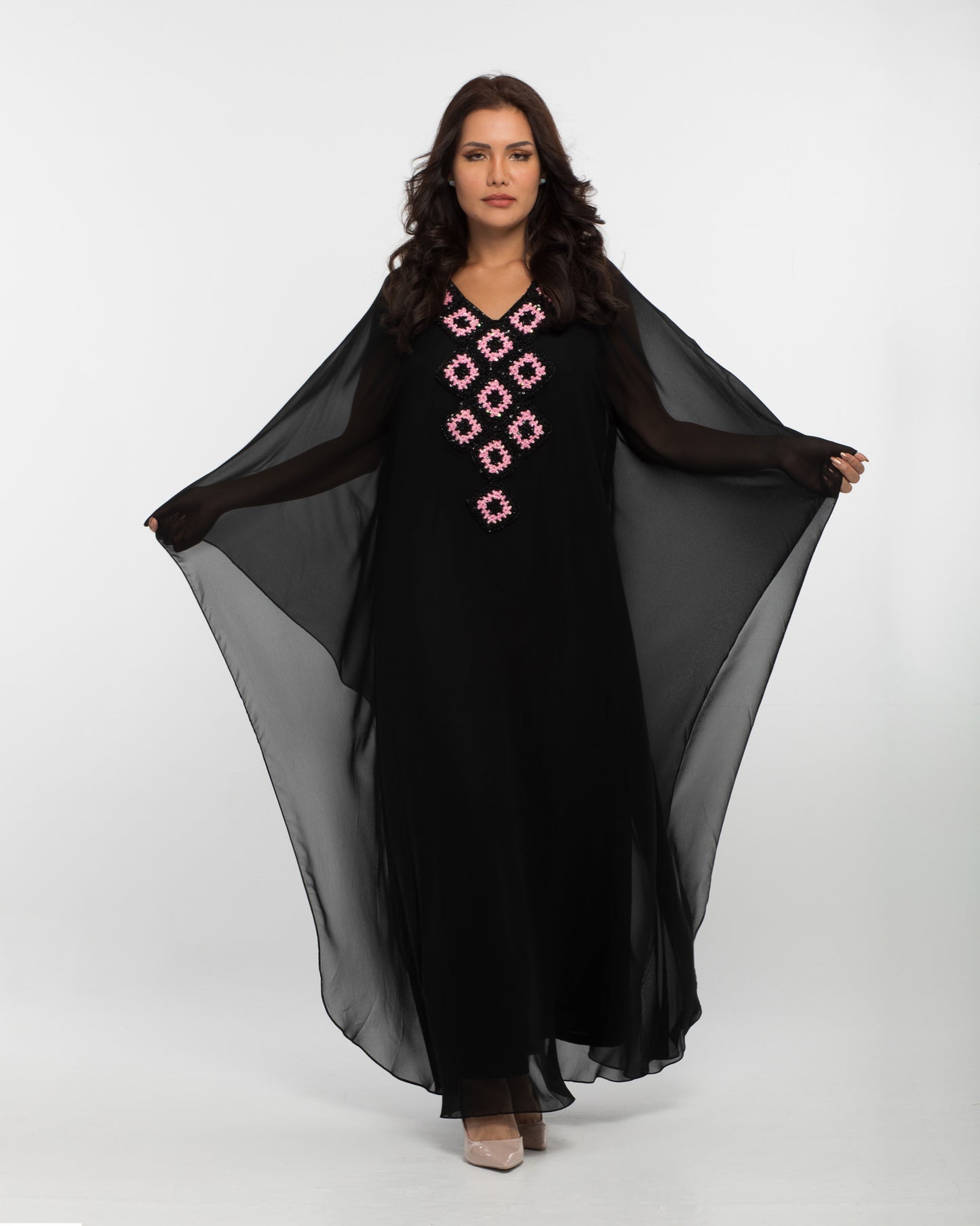 NOBLESSE - Silk Chiffon Batwing Kaftan with Handmade Crochet