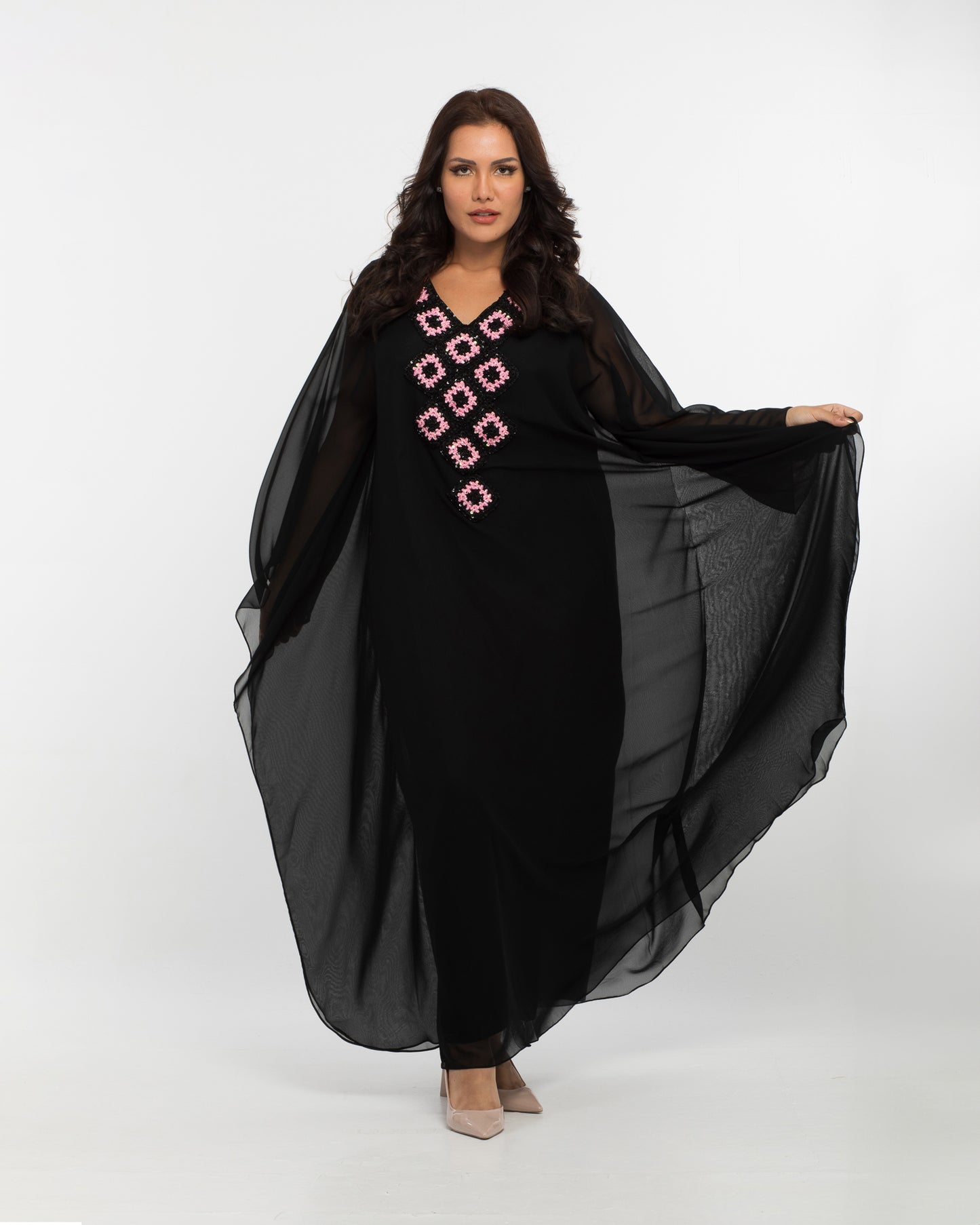 NOBLESSE - Silk Chiffon Batwing Kaftan with Handmade Crochet