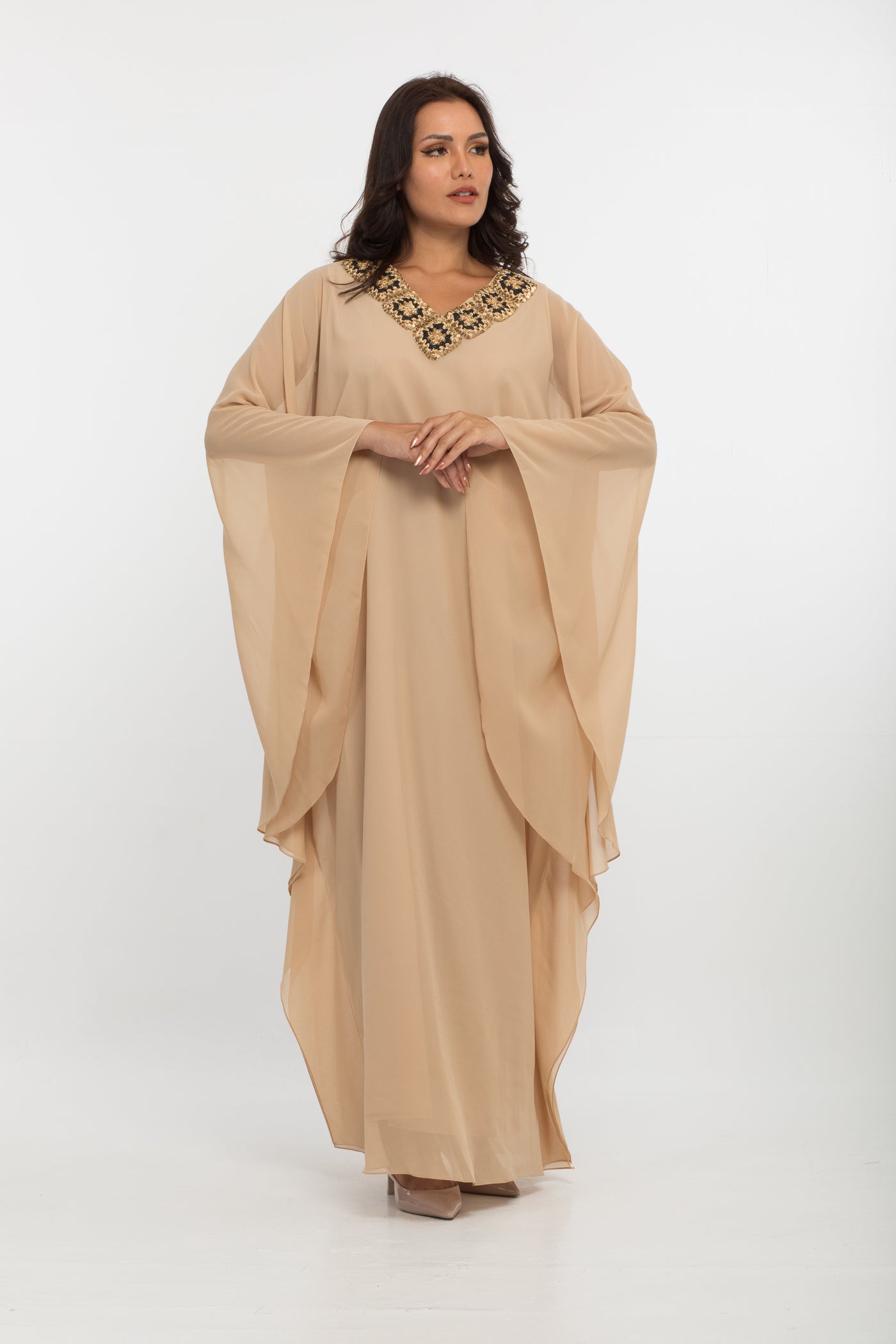 NOBLESSE - Silk Chiffon Batwing Kaftan with Handmade Crochet