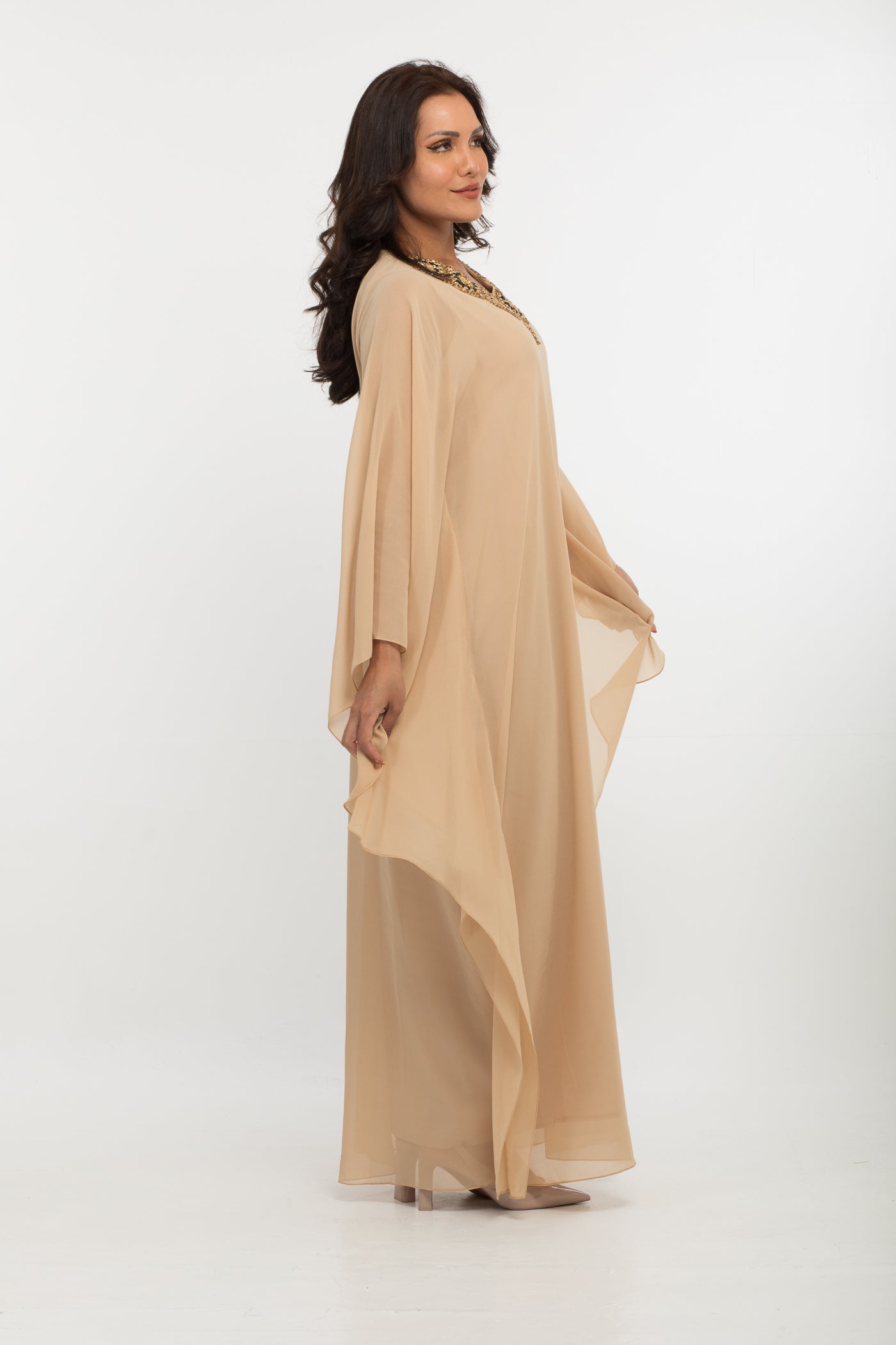 NOBLESSE - Silk Chiffon Batwing Kaftan with Handmade Crochet