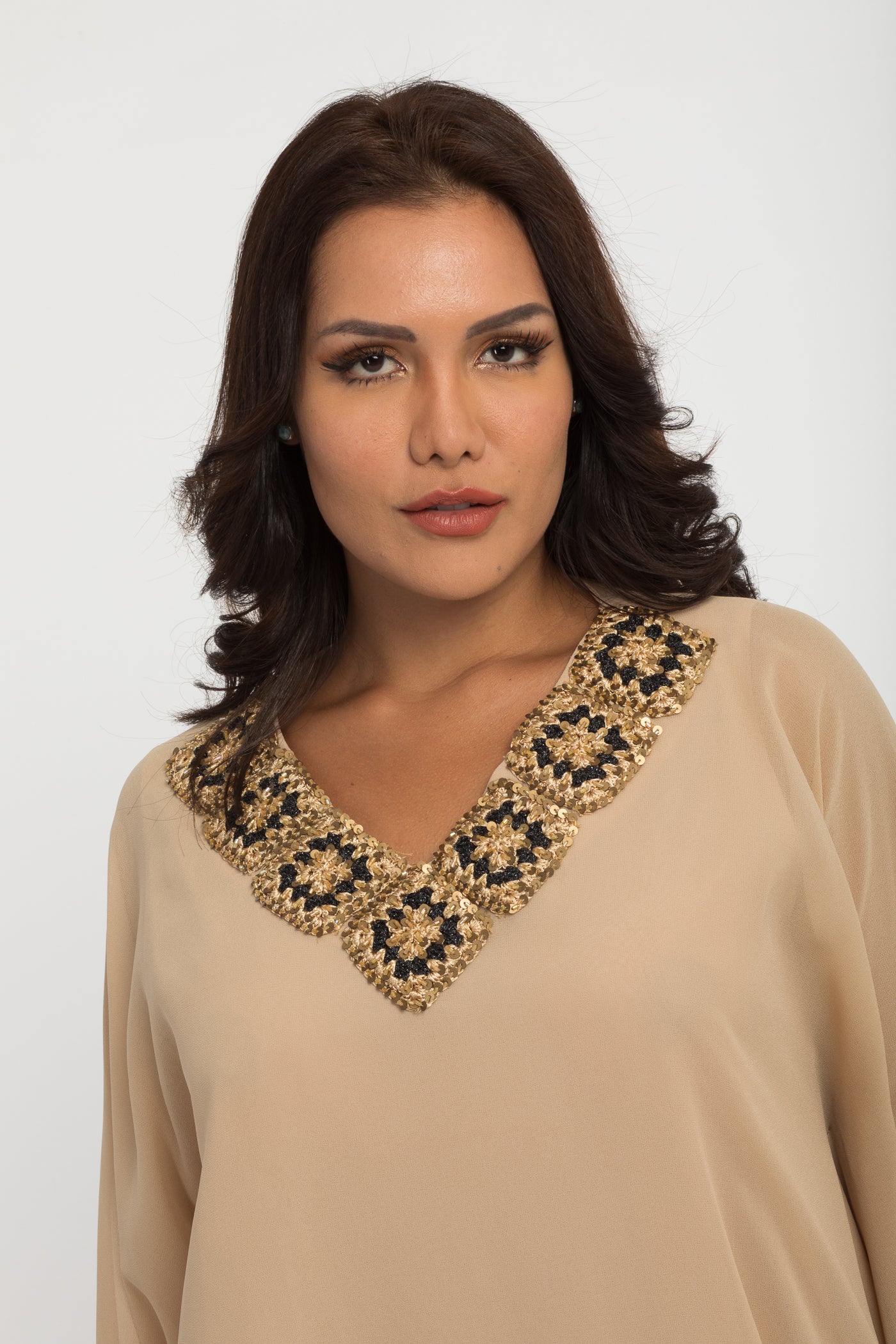NOBLESSE - Silk Chiffon Batwing Kaftan with Handmade Crochet