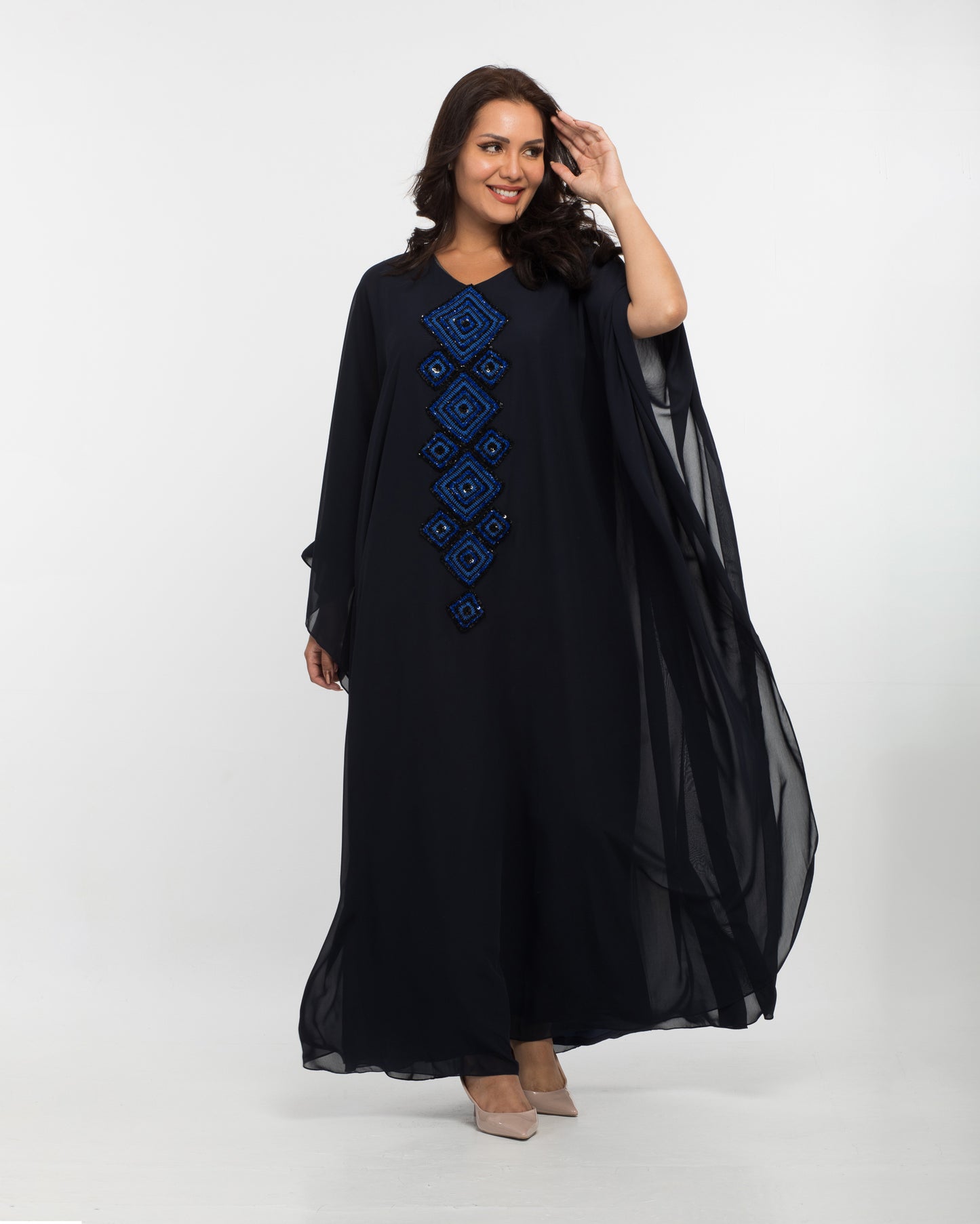 NOBLESSE - Silk Chiffon Batwing Kaftan with Handmade Crochet