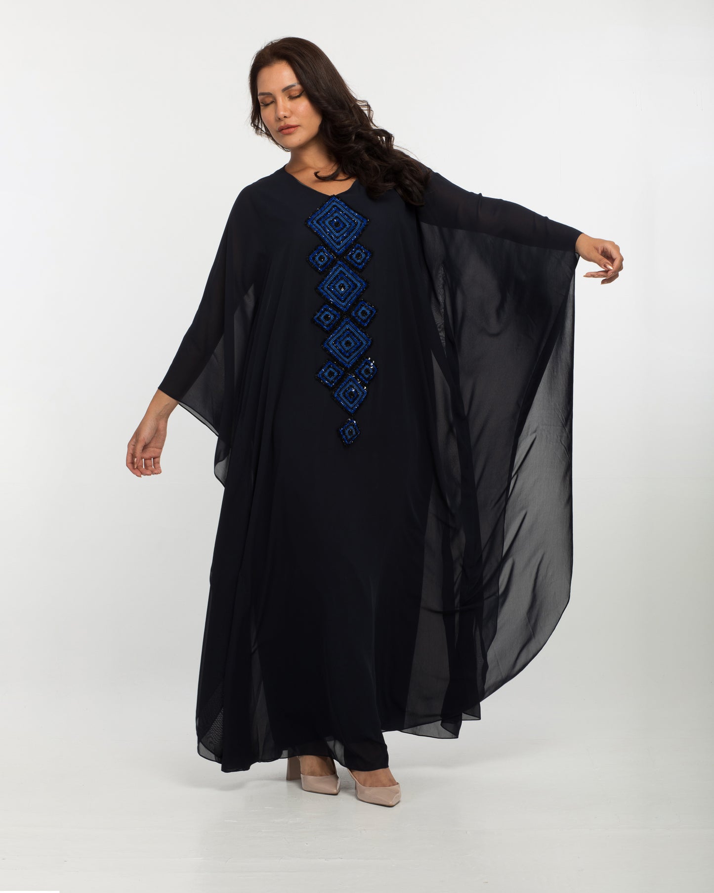 NOBLESSE - Silk Chiffon Batwing Kaftan with Handmade Crochet