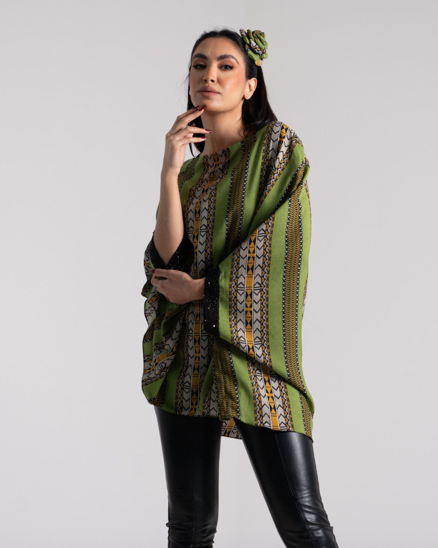 LA REINE - Green Sadu Print Batwing Top