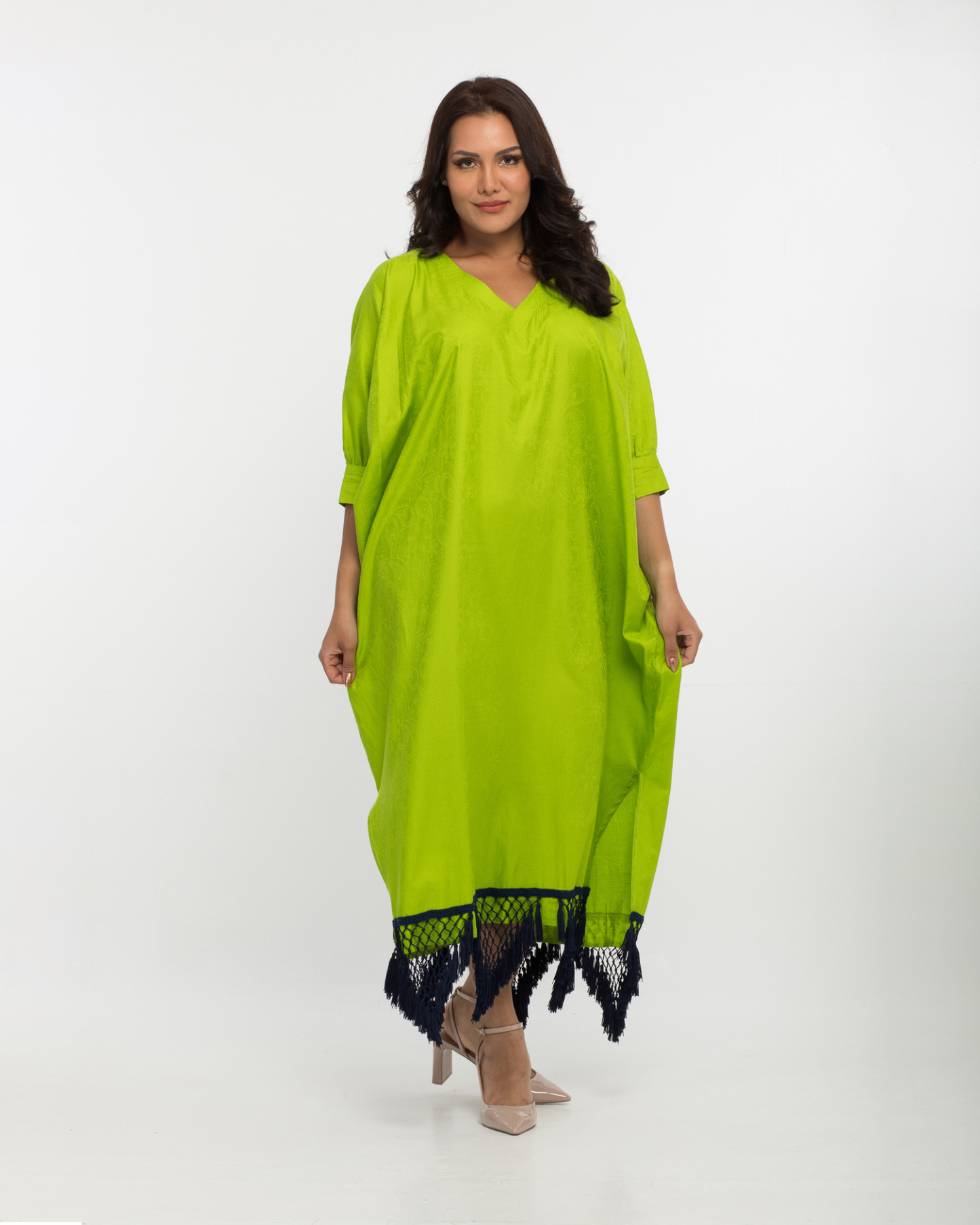 ياراكيش - طقم قفطان وعمامة من القطن باللون الأخضر الليموني