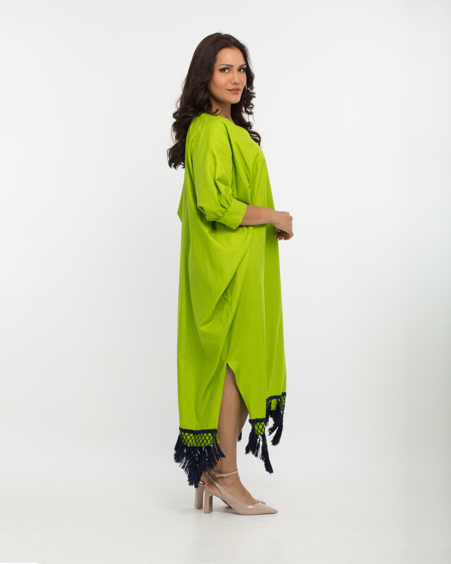 ياراكيش - طقم قفطان وعمامة من القطن باللون الأخضر الليموني