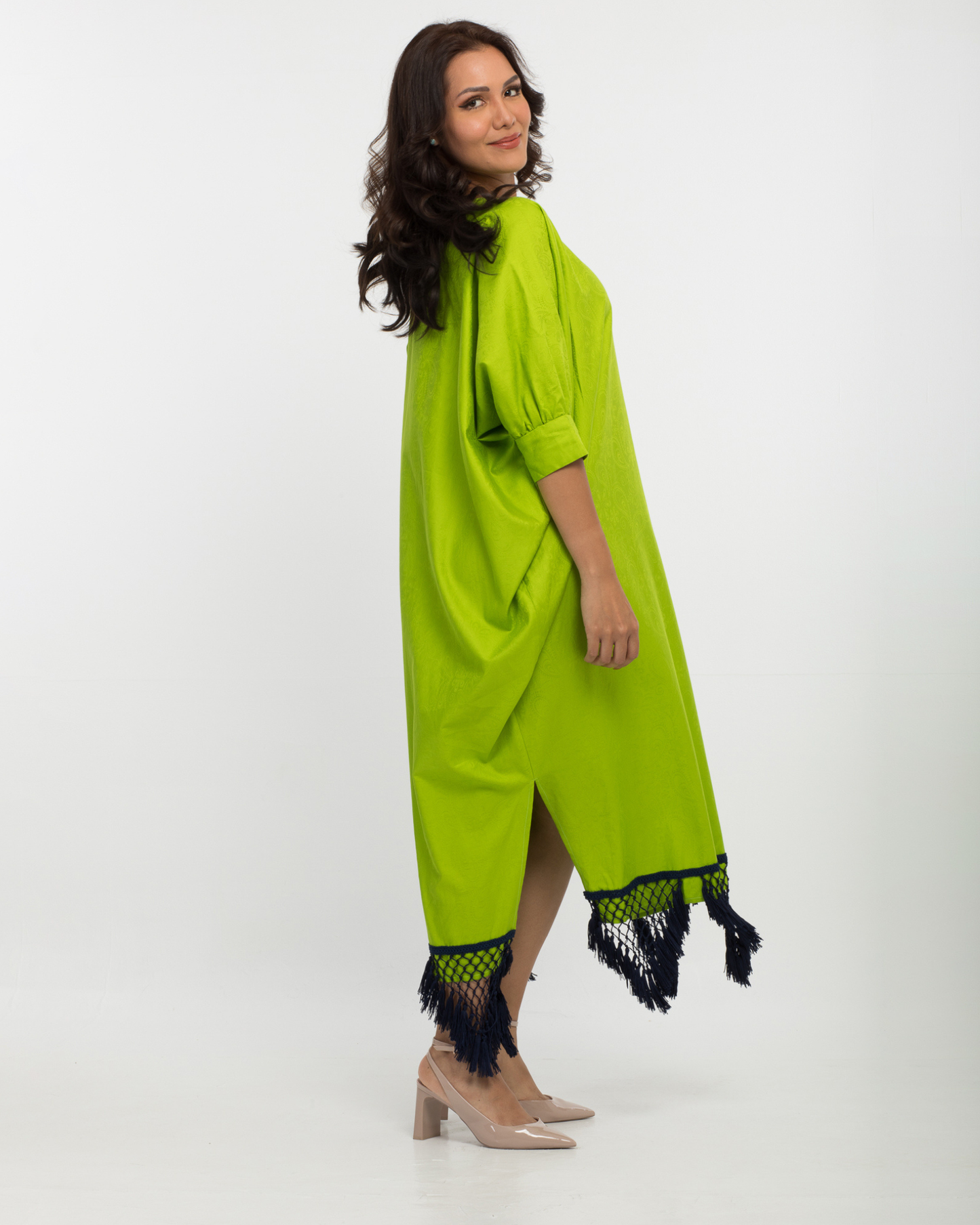 ياراكيش - طقم قفطان وعمامة من القطن باللون الأخضر الليموني