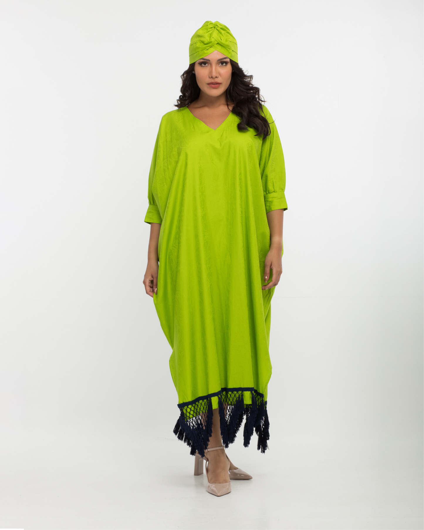 ياراكيش - طقم قفطان وعمامة من القطن باللون الأخضر الليموني