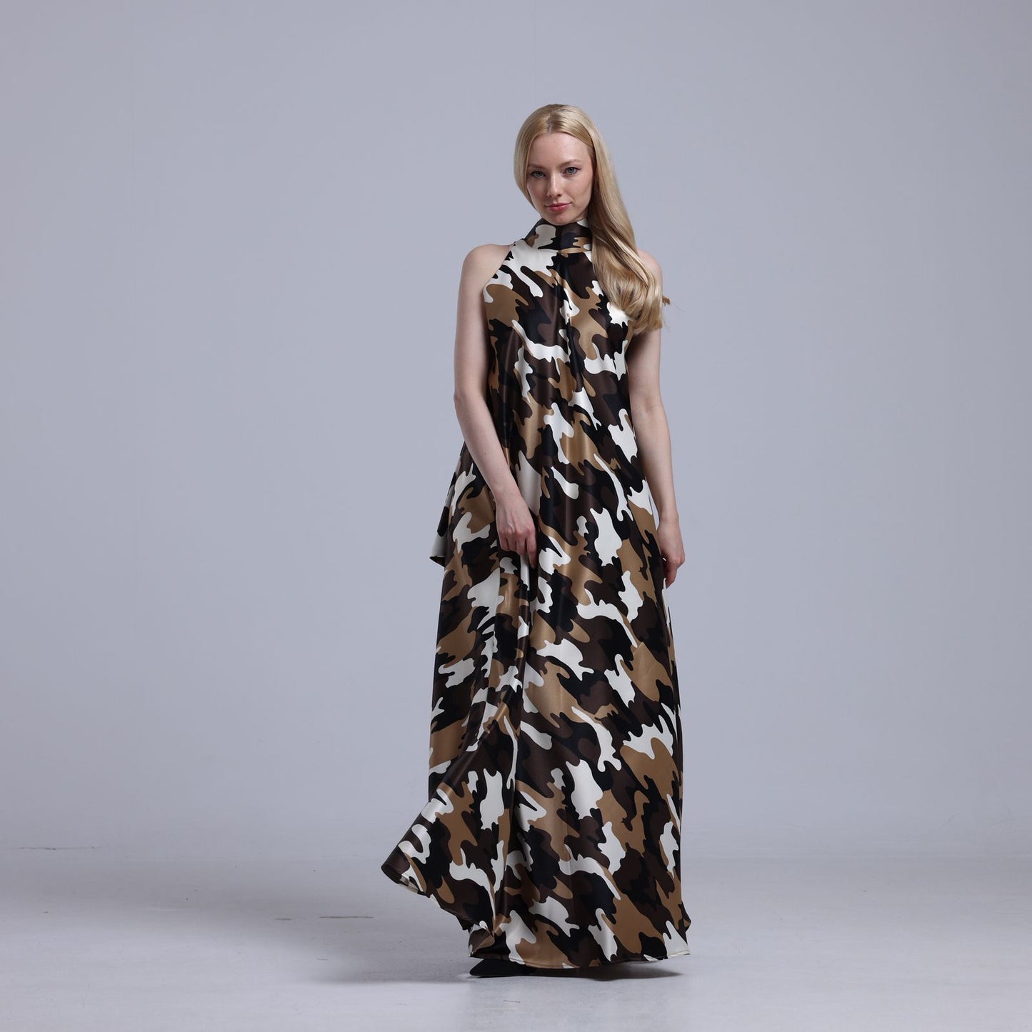 LA REINE - Camouflage Satin halterneck Maxi Dress