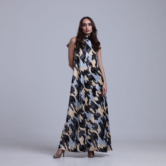 LA REINE - Camouflage Satin Halterneck Maxi Dress