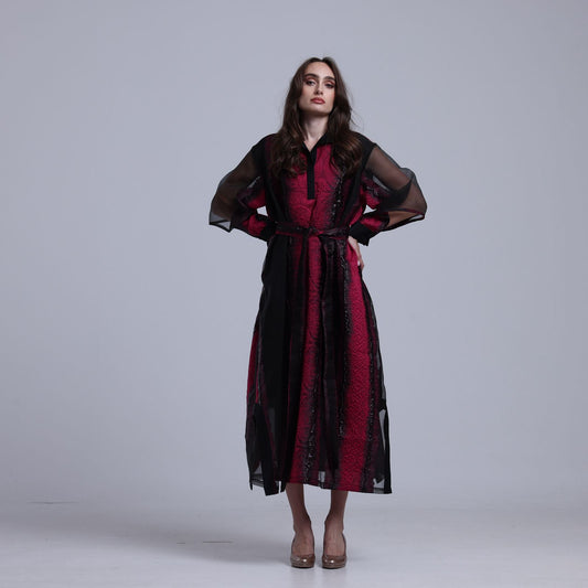 LA REINE - Black & Fuchsia Embossed Organza Midi Dress