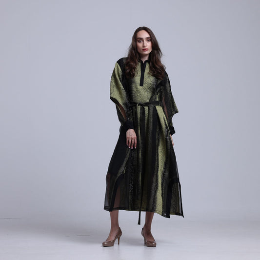 LA REINE - Black & Olive Embossed Organza Midi Dress