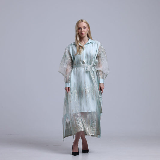 LA REINE - Mint Midi Dress in Metallic Lamé Organza
