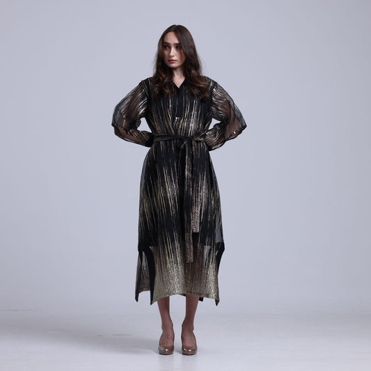 LA REINE - Black Midi Dress in Metallic Lamé Organza