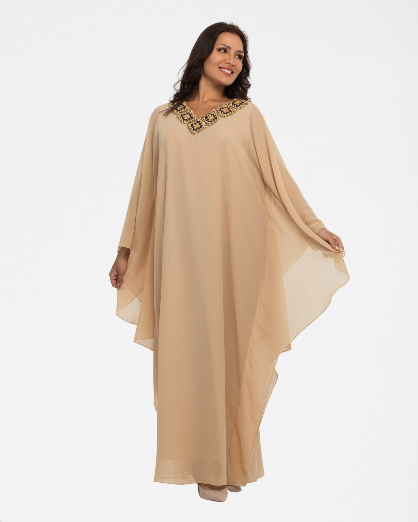 NOBLESSE - Silk Chiffon Batwing Kaftan with Handmade Crochet