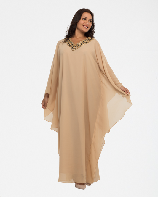 NOBLESSE - Silk Chiffon Batwing Kaftan with Handmade Crochet