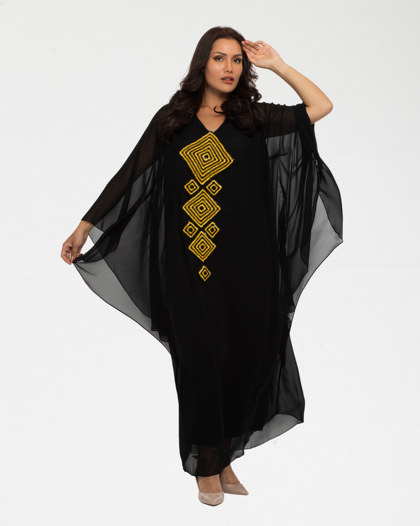 NOBLESSE - Silk Chiffon Batwing Kaftan with Handmade Crochet
