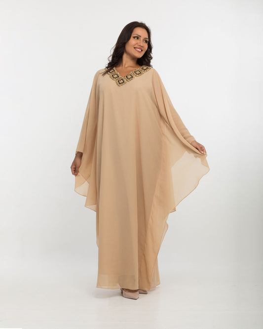 NOBLESSE - Silk Chiffon Batwing Kaftan with Handmade Crochet